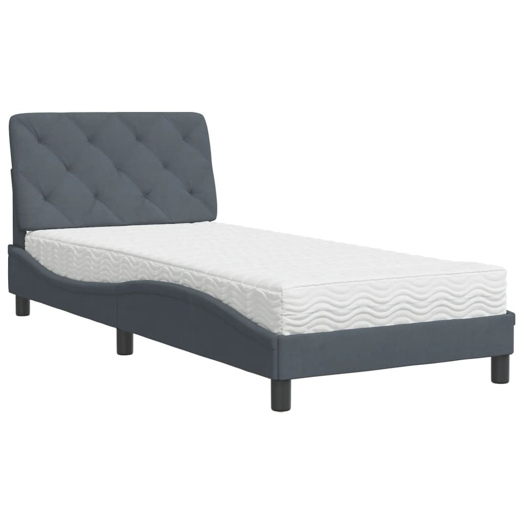 Lit avec matelas gris foncé 90x190 cm velours - XIOS