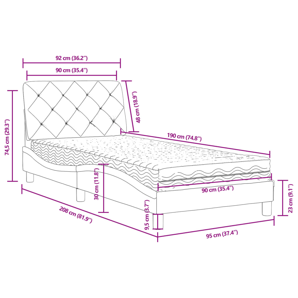 Lit avec matelas gris foncé 90x190 cm velours - XIOS