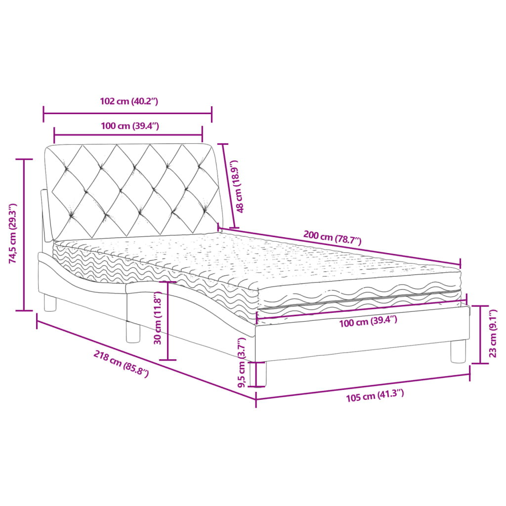 Lit avec matelas gris clair 100x200 cm velours - XIOS