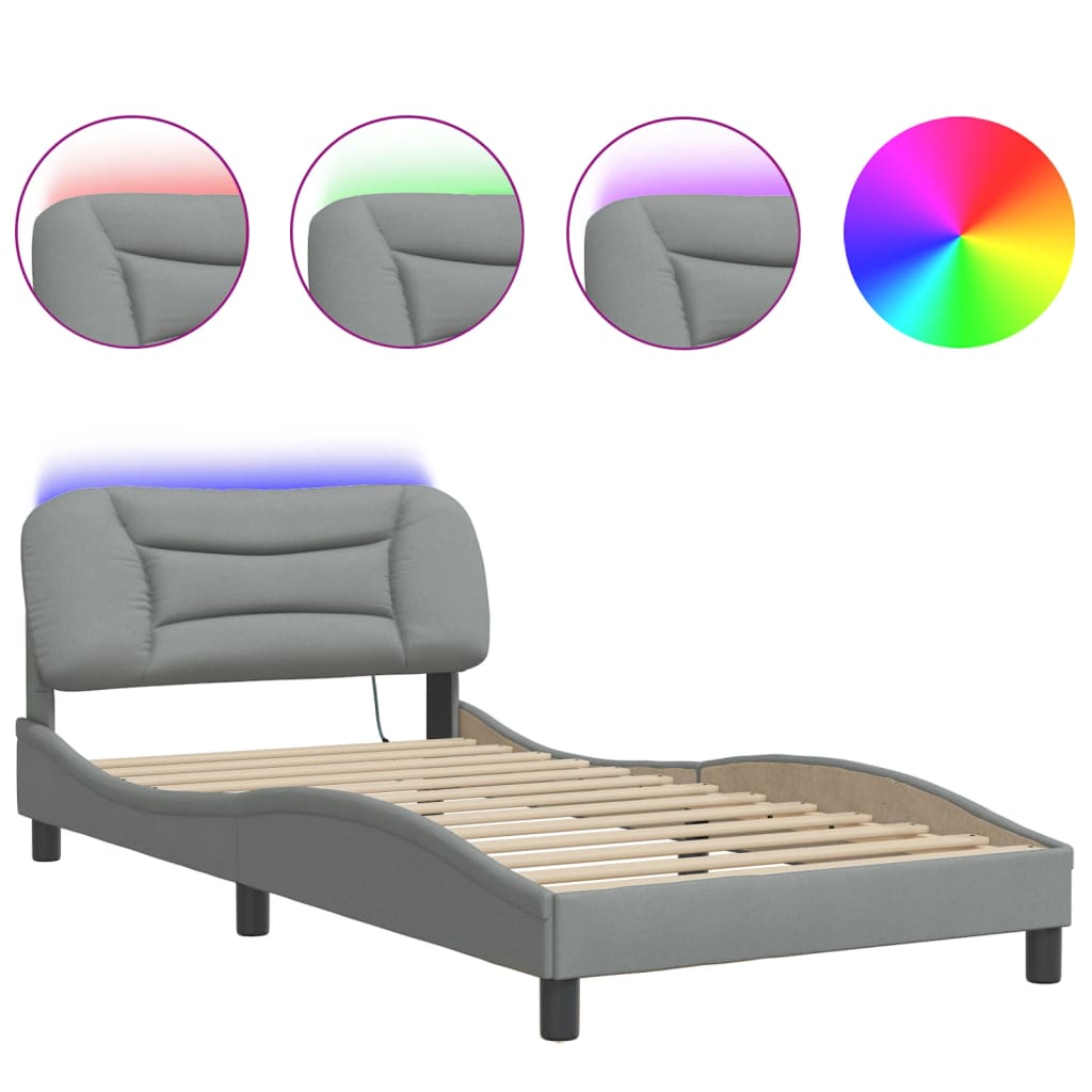 Cadre de lit avec LED sans matelas Hvar gris clair 100x200 cm tissu