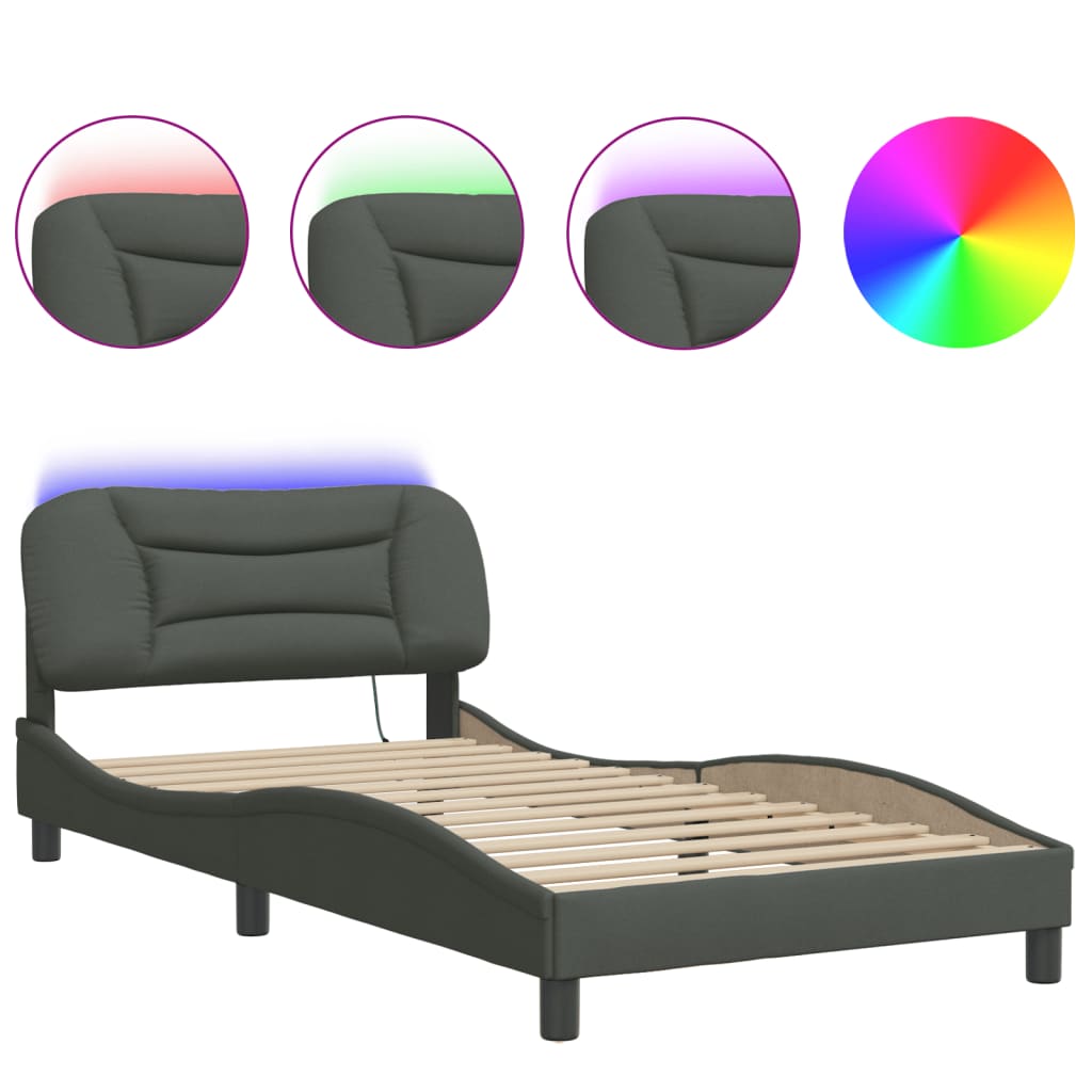 Cadre de lit avec LED sans matelas gris foncé 100x200 cm tissu - XIOS