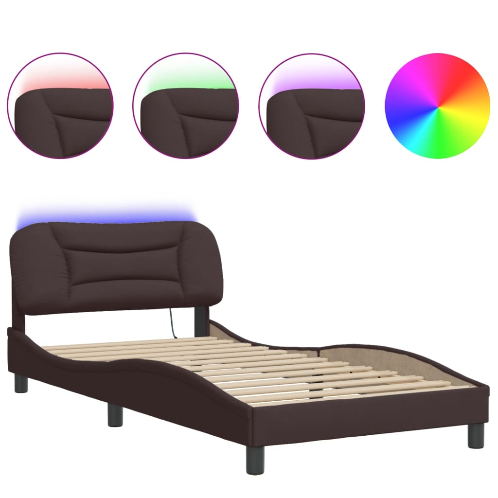 Cadre de lit avec LED sans matelas Hvar marron foncé 100x200cm tissu