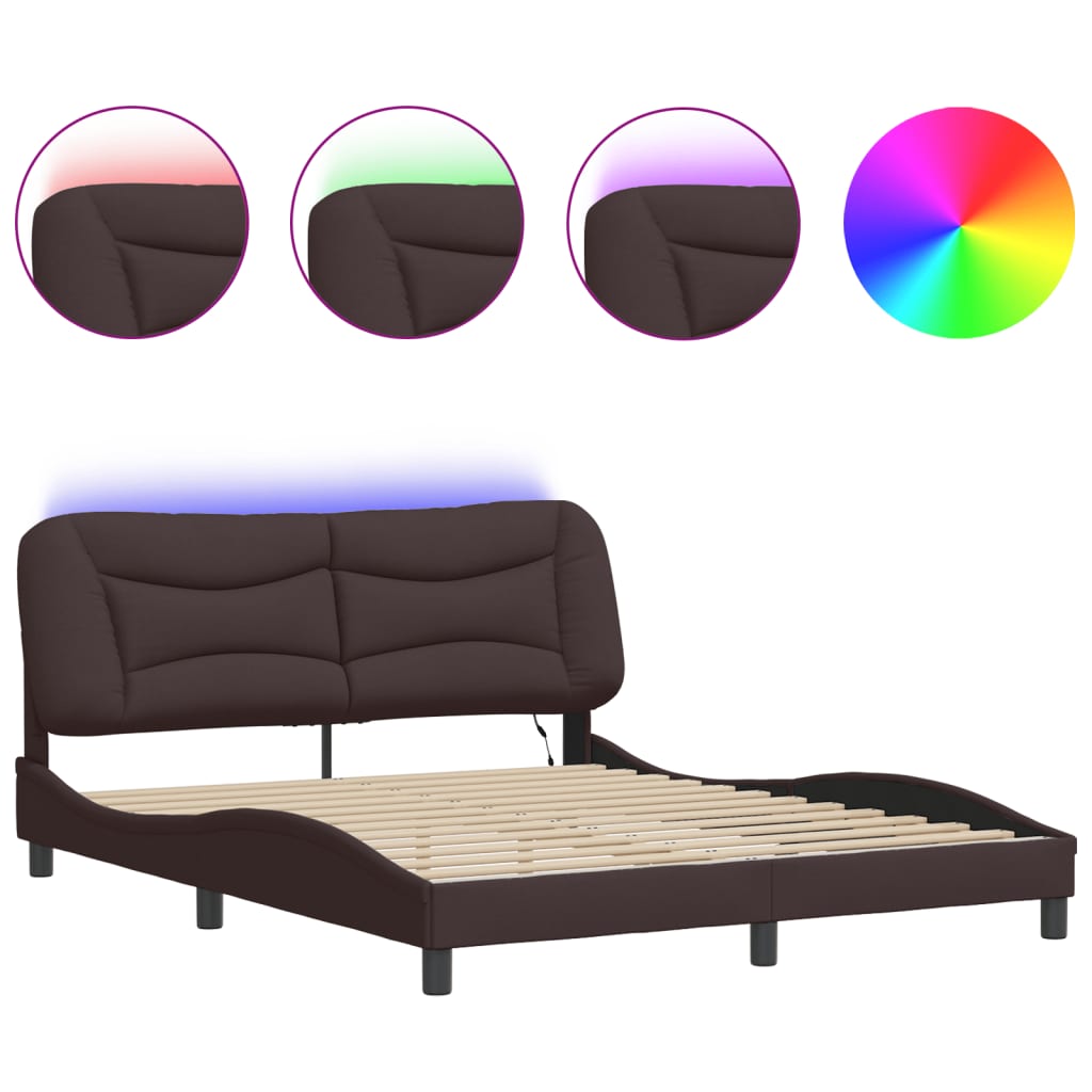 Cadre de lit avec LED sans matelas Hvar marron foncé 160x200cm tissu