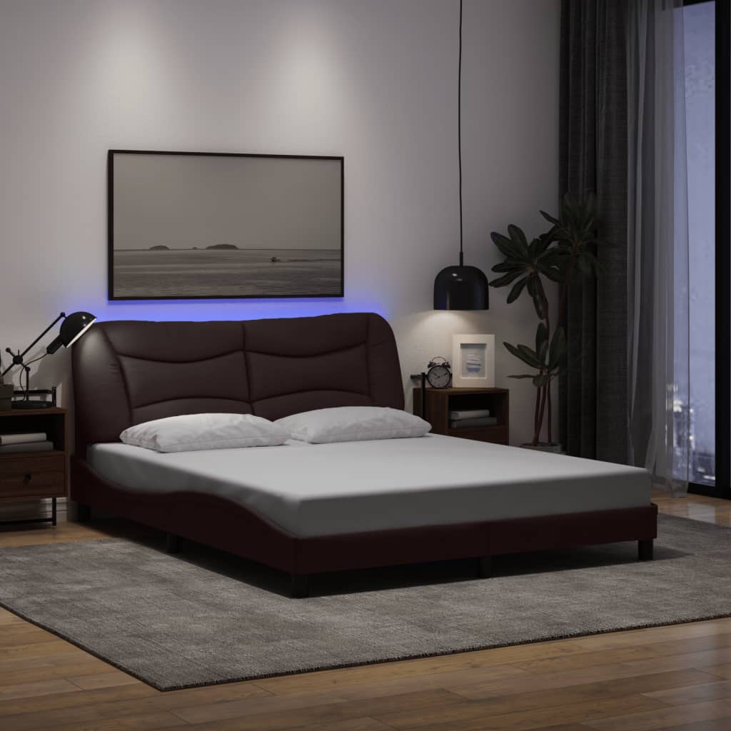 Cadre de lit avec LED sans matelas Hvar marron foncé 160x200cm tissu