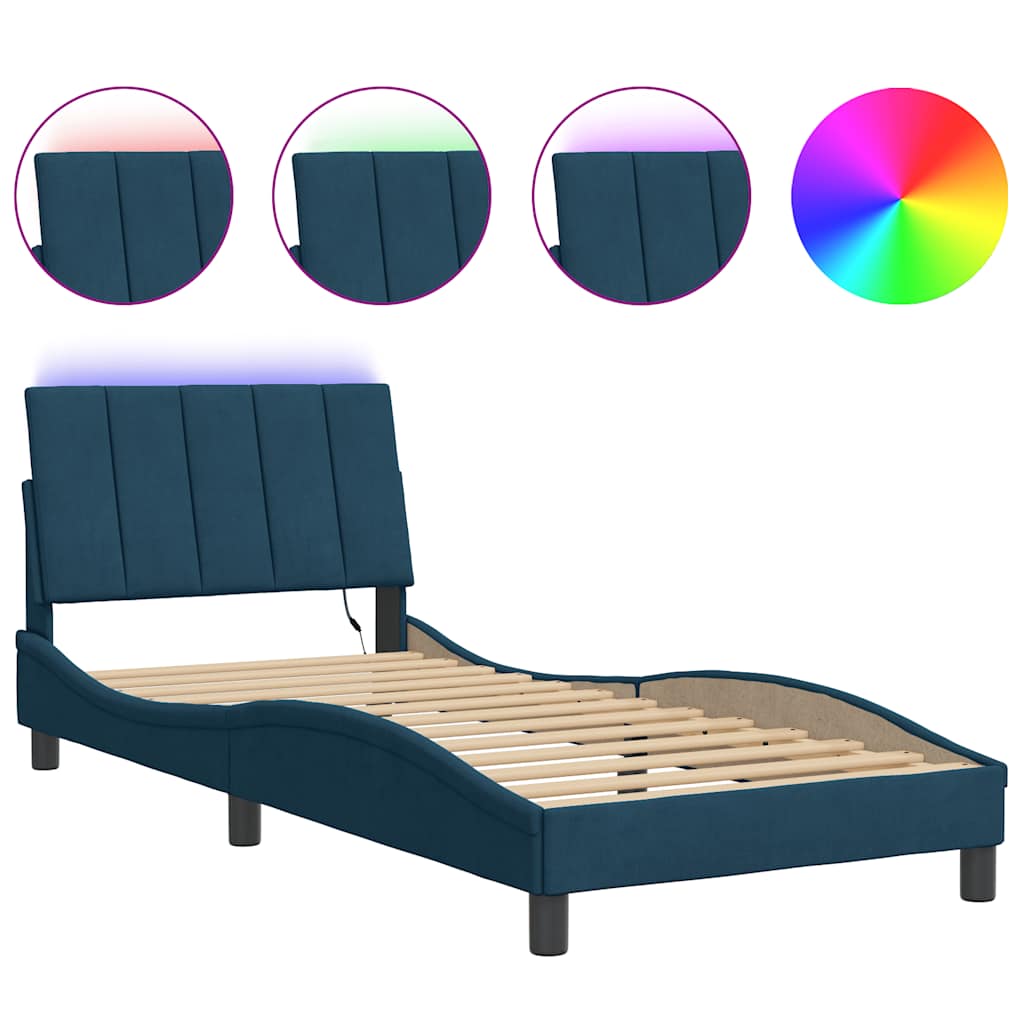 Cadre de lit avec LED sans matelas Hanko bleu 90x190 cm velours - XIOS