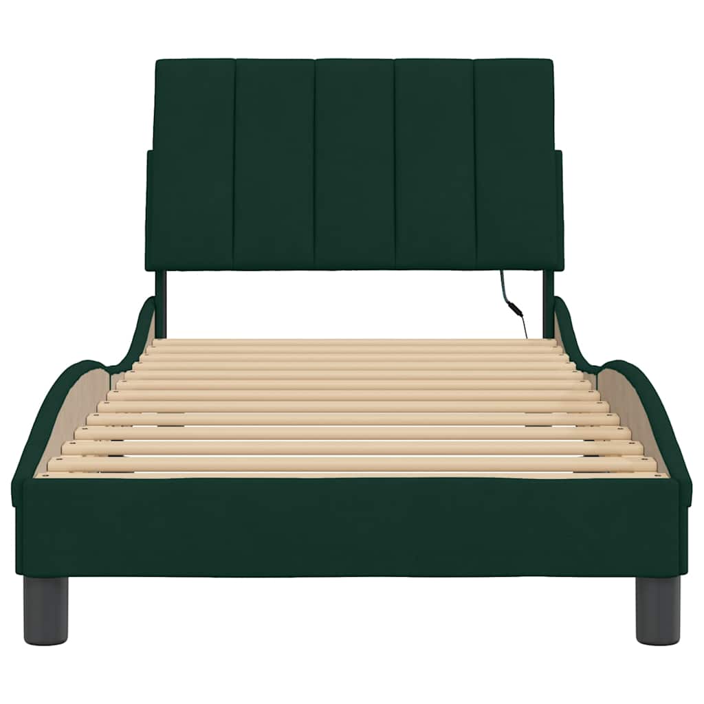 Cadre de lit avec LED sans matelas Hanko vert foncé 90x200 cm velours