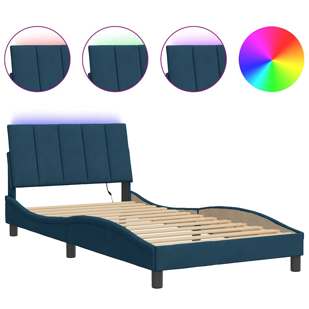 Cadre de lit avec LED sans matelas Hanko bleu 100x200 cm velours