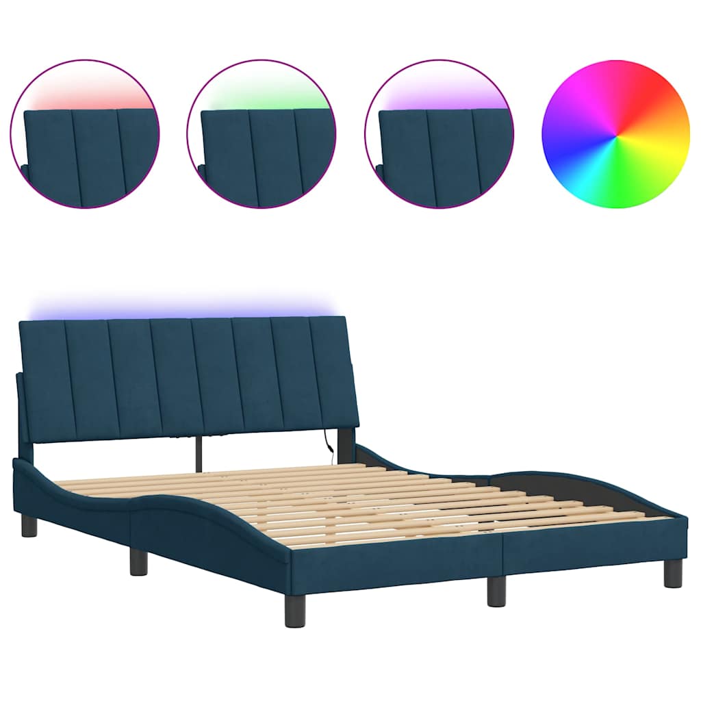 Cadre de lit avec LED sans matelas Hanko bleu 140x200 cm velours - XIOS