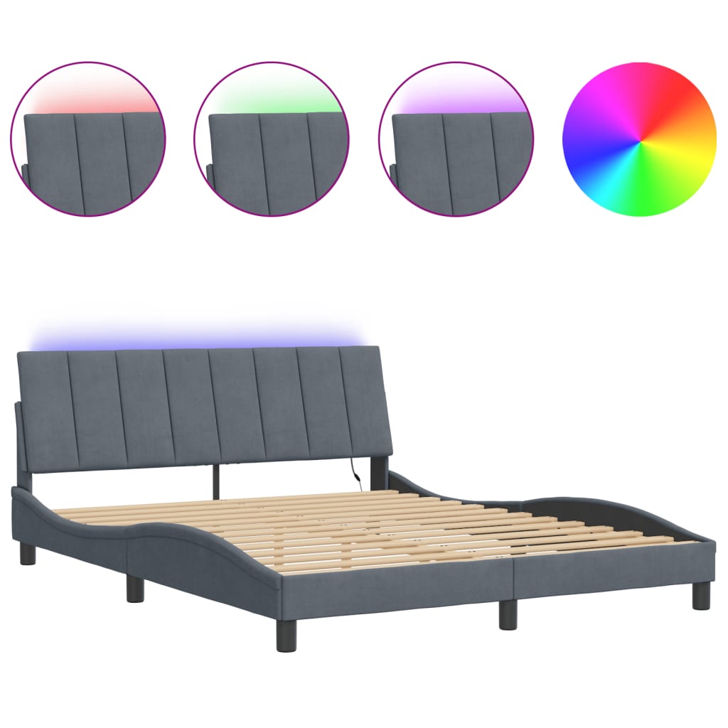 Cadre de lit avec LED sans matelas gris foncé 160x200cm velours - XIOS