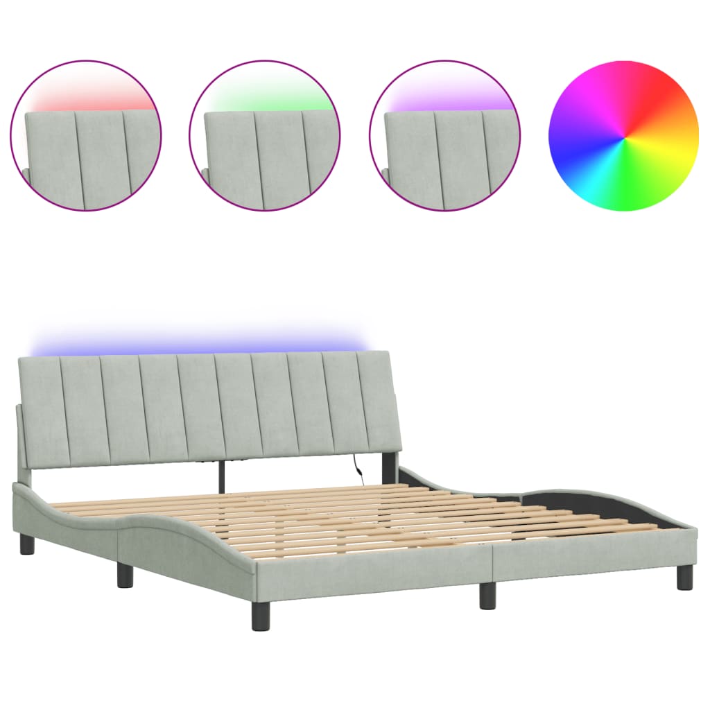 Cadre de lit avec LED sans matelas Hanko gris clair 180x200cm velours