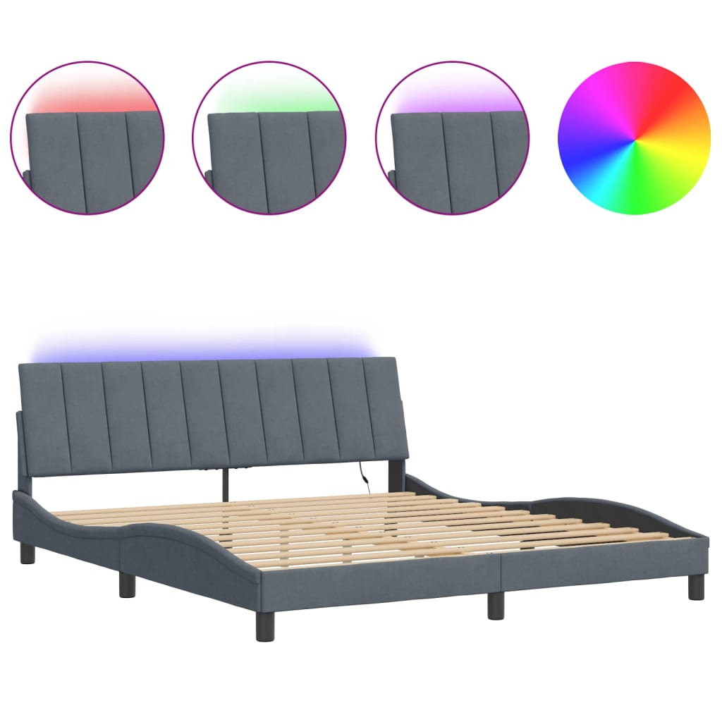Cadre de lit avec LED sans matelas gris foncé 180x200cm velours - XIOS