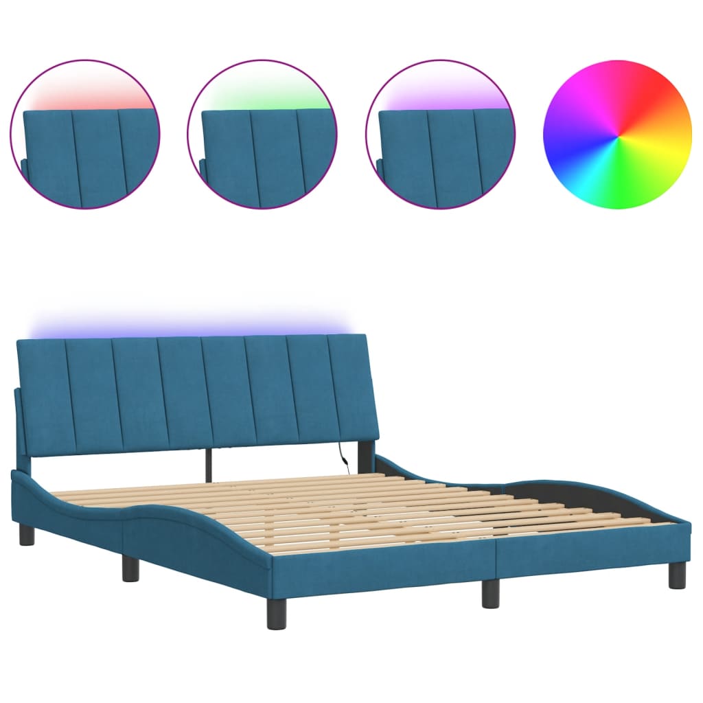 Cadre de lit avec LED sans matelas Hanko bleu 200x200 cm velours - XIOS