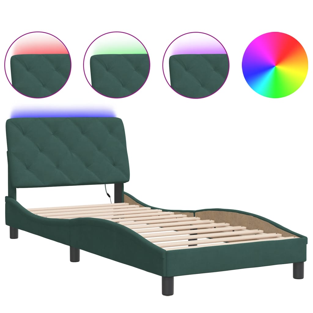 Cadre de lit avec LED sans matelas vert foncé 90x190 cm velours - XIOS