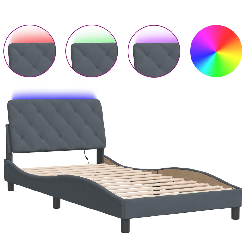 Cadre de lit avec LED sans matelas gris foncé 100x200cm velours - XIOS