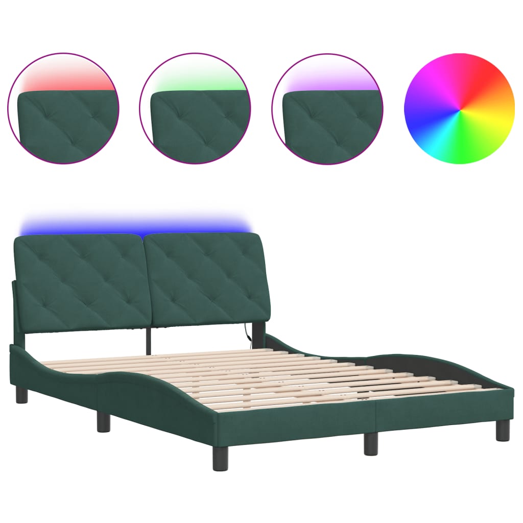 Cadre de lit avec lumières LED vert foncé 140x190 cm velours - XIOS