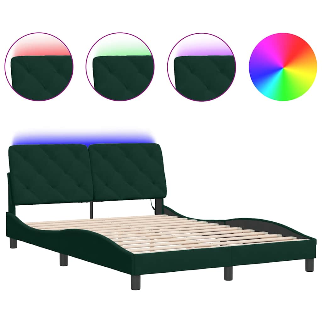 Cadre de lit avec LED sans matelas vert foncé 140x190 cm velours