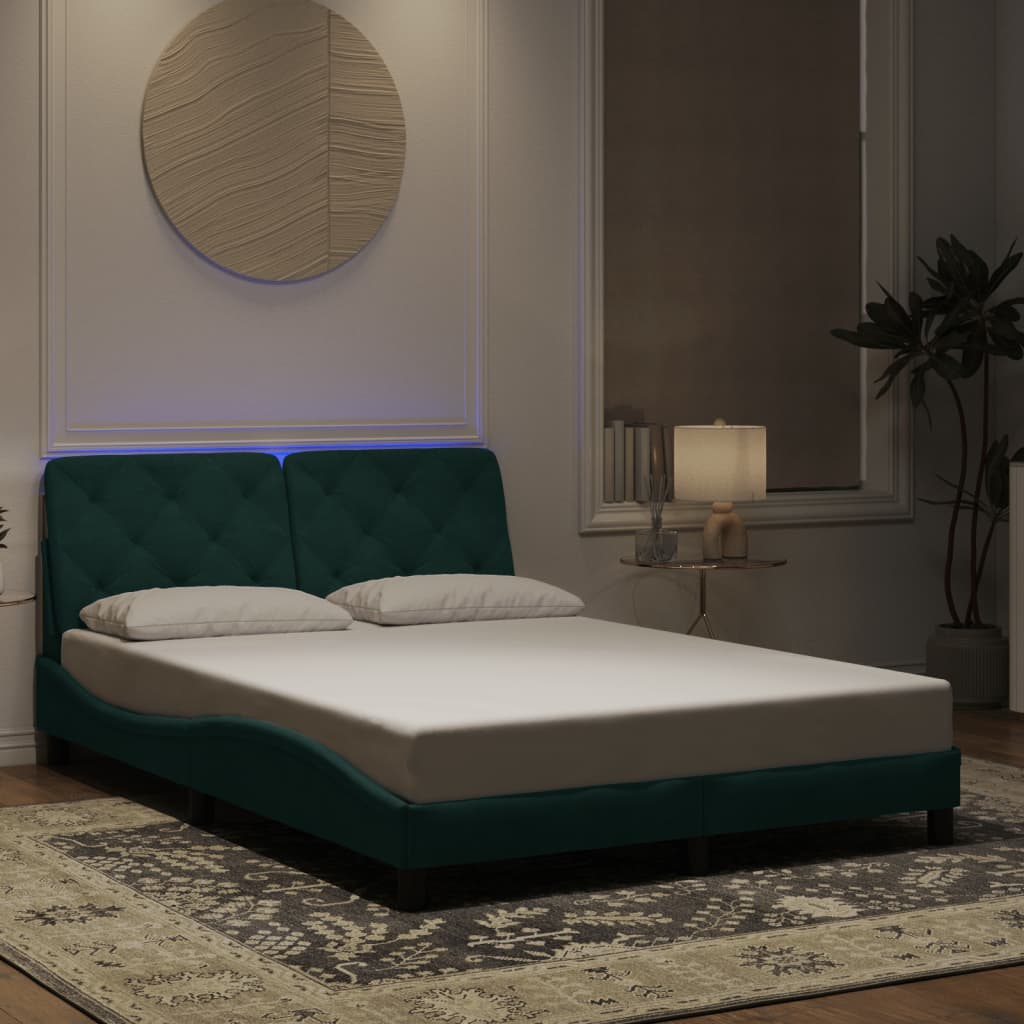 Cadre de lit avec lumières LED vert foncé 140x190 cm velours - XIOS