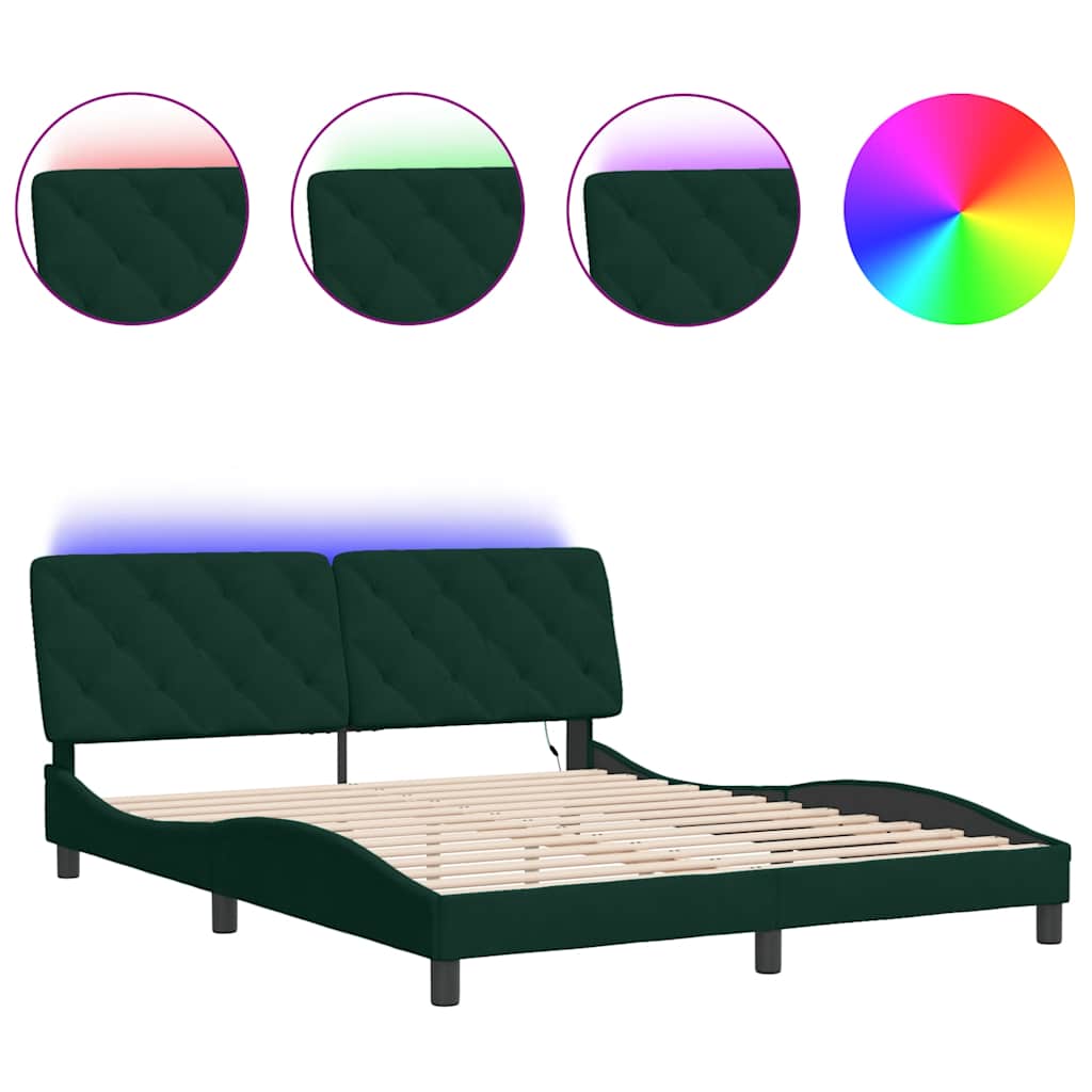 Cadre de lit avec LED sans matelas vert foncé 160x200 cm velours