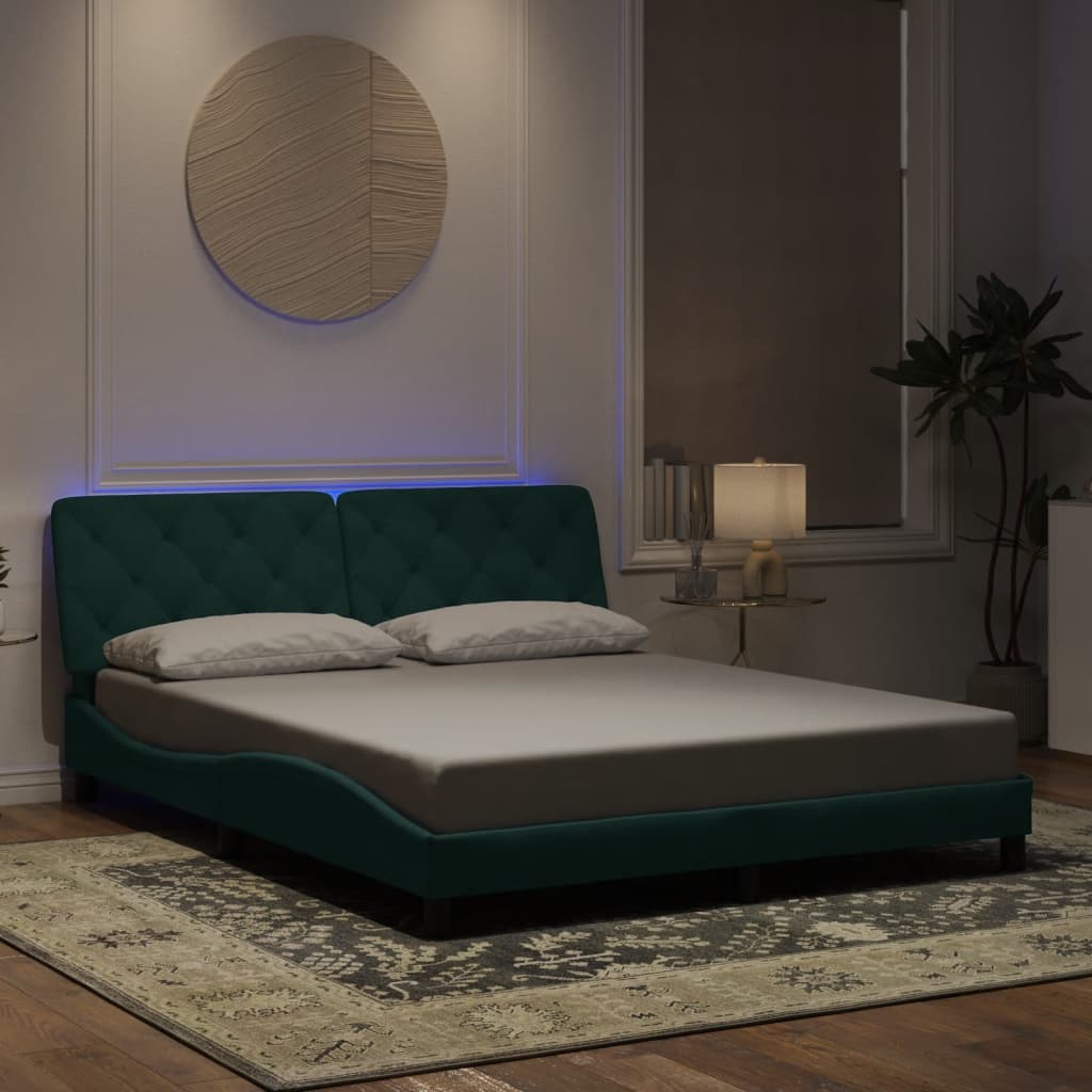 Cadre de lit avec lumières LED vert foncé 160x200 cm velours - XIOS