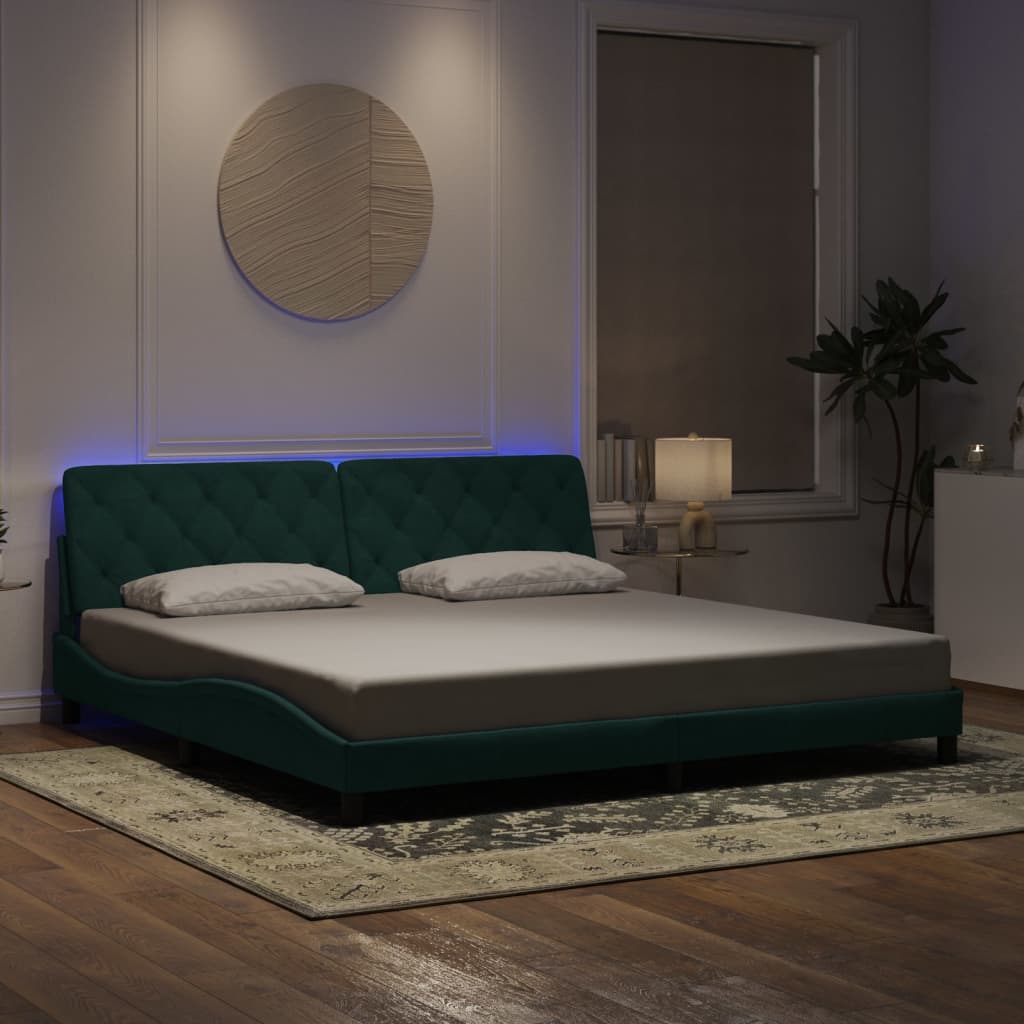 Cadre de lit avec lumières LED vert foncé 200x200 cm velours - XIOS