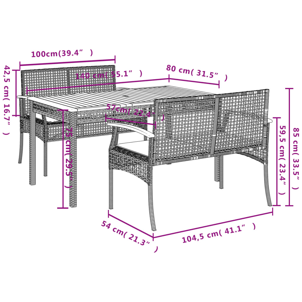 Ensemble à manger de jardin avec coussins 3 pcs Noir