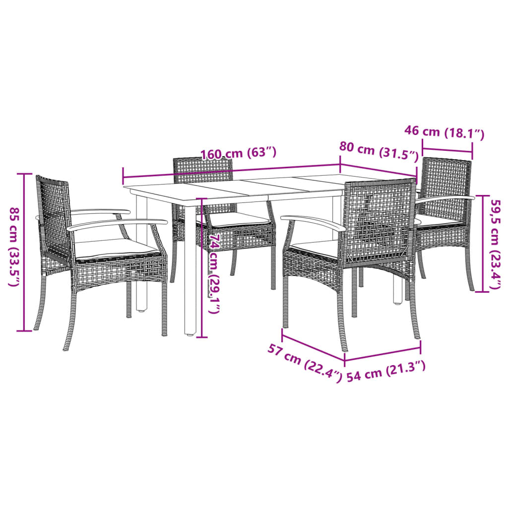 Ensemble à manger de jardin coussins 5pcs Noir Résine tressée