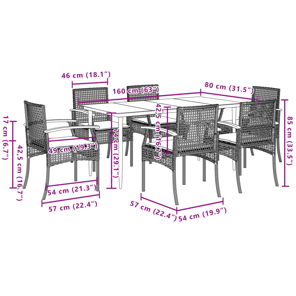 Ensemble à manger de jardin et coussins 7 pcs gris rotin