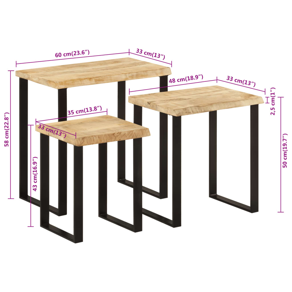Tables gigognes 3 pcs avec bord vivant bois de manguier massif - XIOS