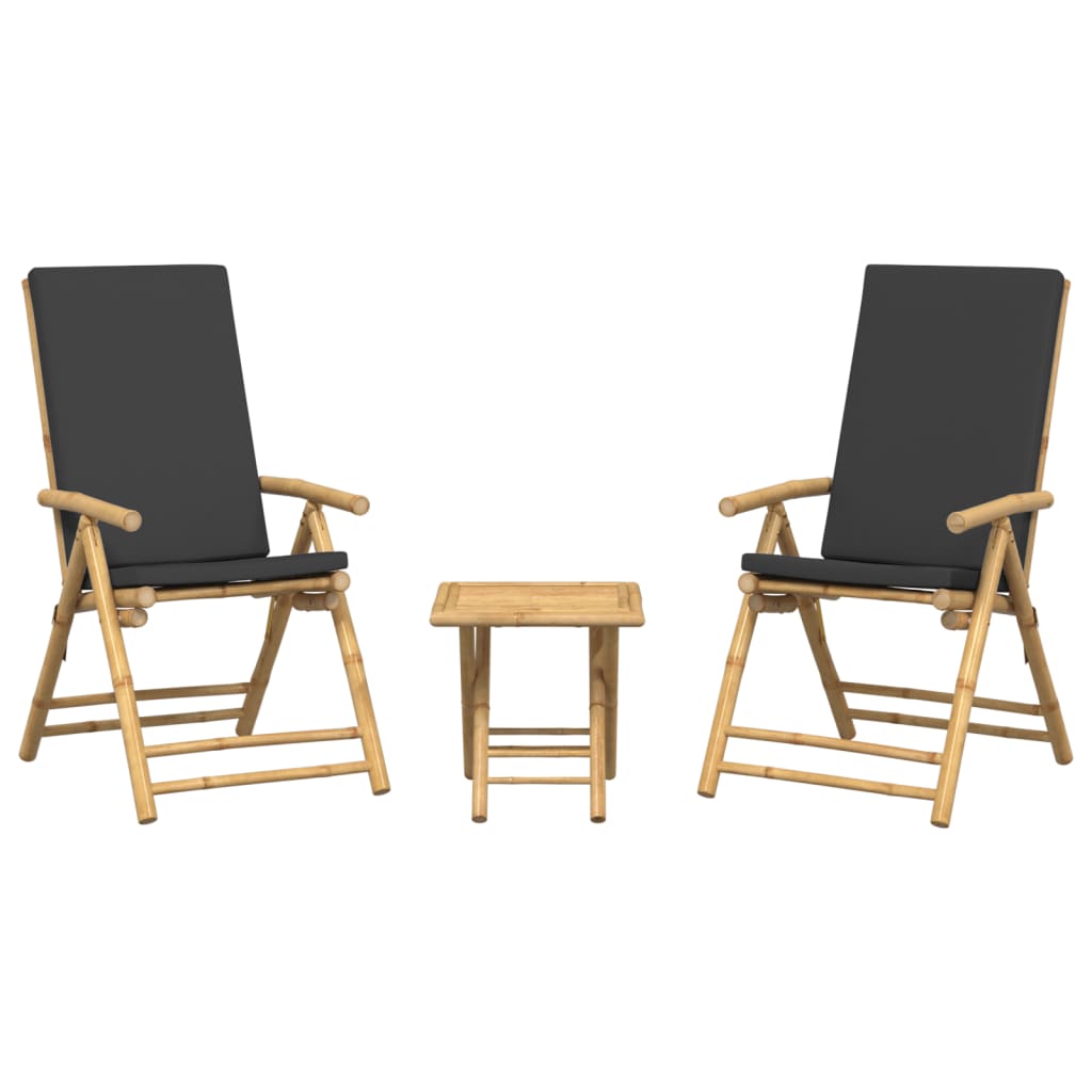 Ensemble de bistro pliante 3 pcs et coussins gris foncé bambou