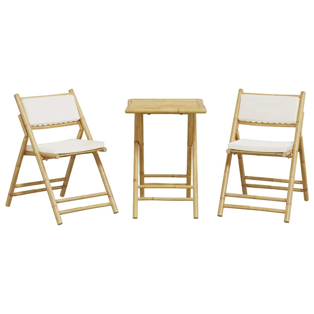 Ensemble de bistro pliante 3 pcs et coussins blanc crème bambou