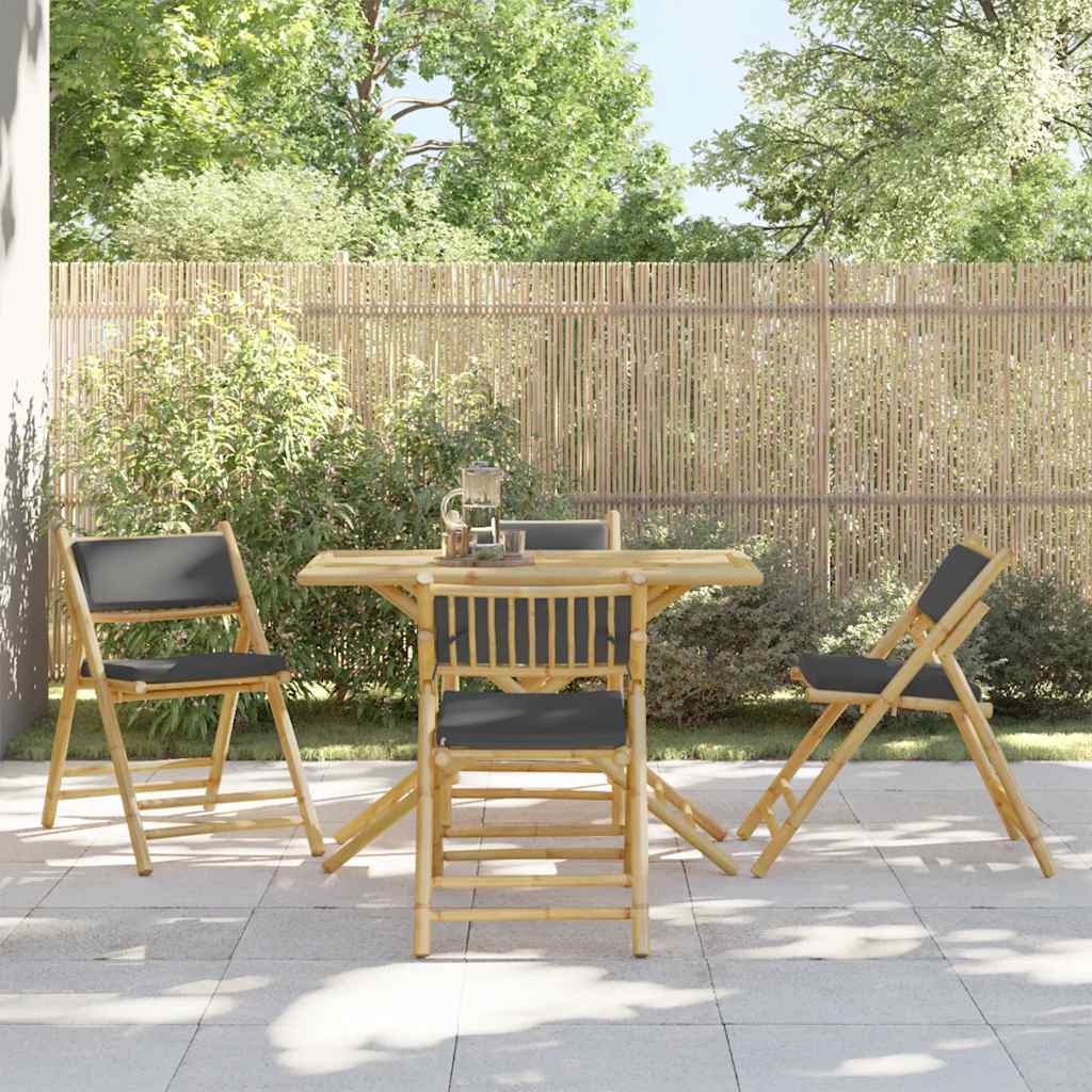 Ensemble de bistro pliante 5 pcs et coussins gris foncé bambou