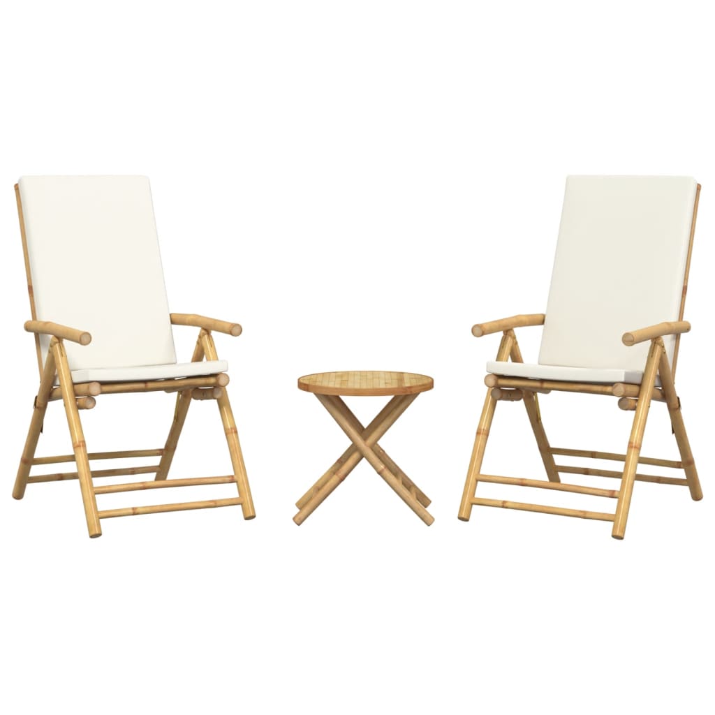 Ensemble de bistro pliante 3 pcs et coussins blanc crème bambou