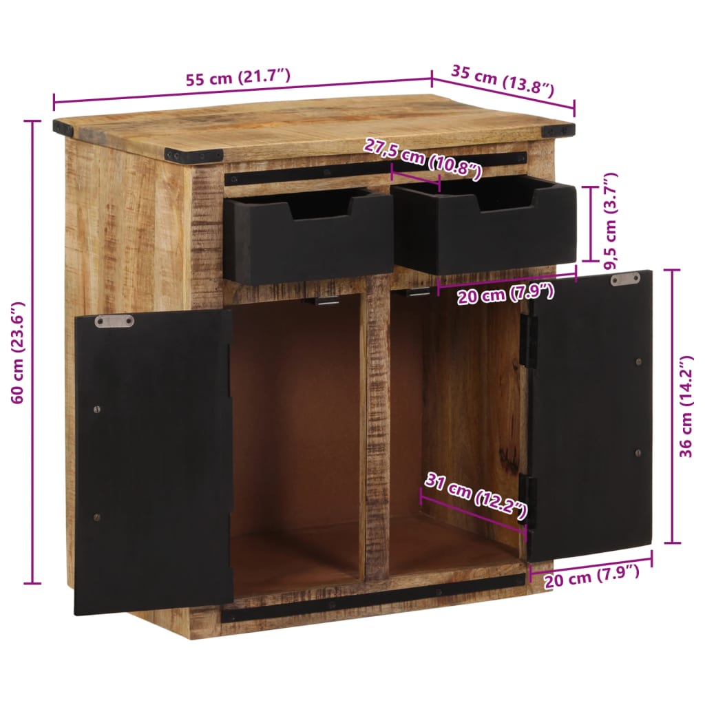 Buffet avec 2 tiroirs 55x35x60 cm bois massif de manguier
