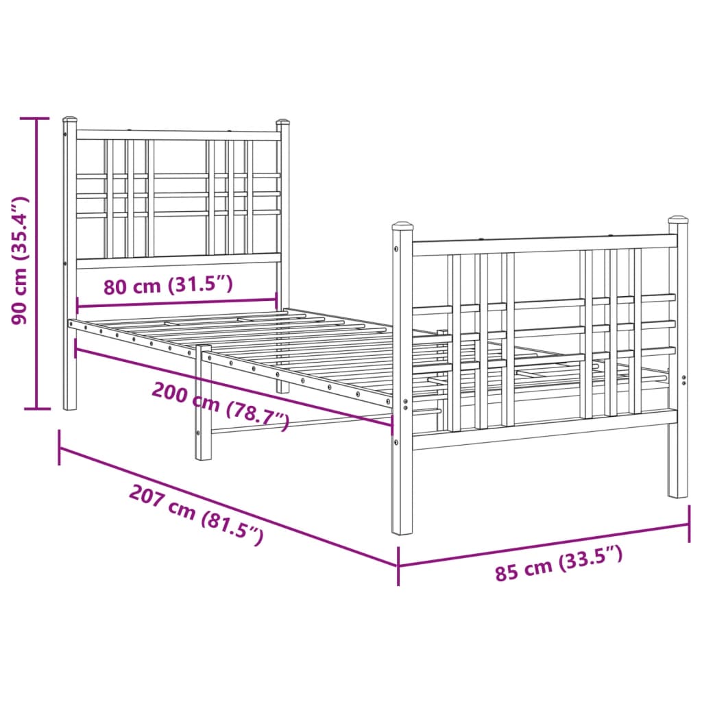 Cadre de lit métal sans matelas avec pied de lit noir 80x200 cm - XIOS