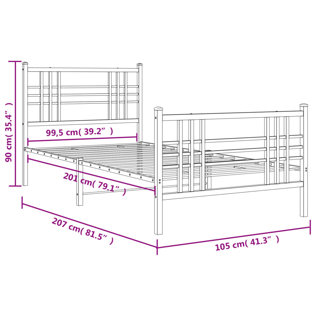 Cadre de lit métal sans matelas et pied de lit noir 100x200 cm - XIOS