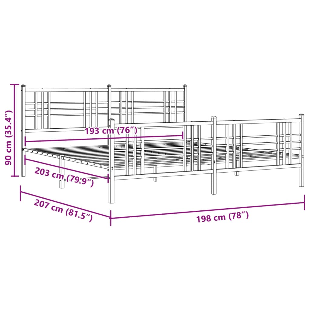 Cadre de lit métal sans matelas avec pied de lit noir 193x203cm - XIOS
