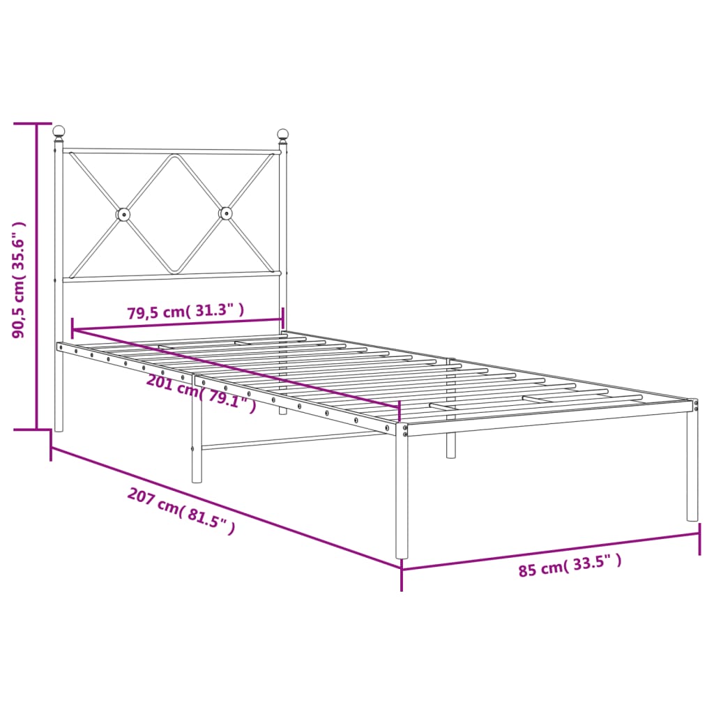 Cadre de lit métal sans matelas avec tête de lit noir 80x200 cm - XIOS