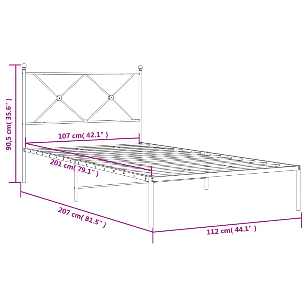 Cadre de lit métal sans matelas avec tête de lit noir 107x203cm - XIOS