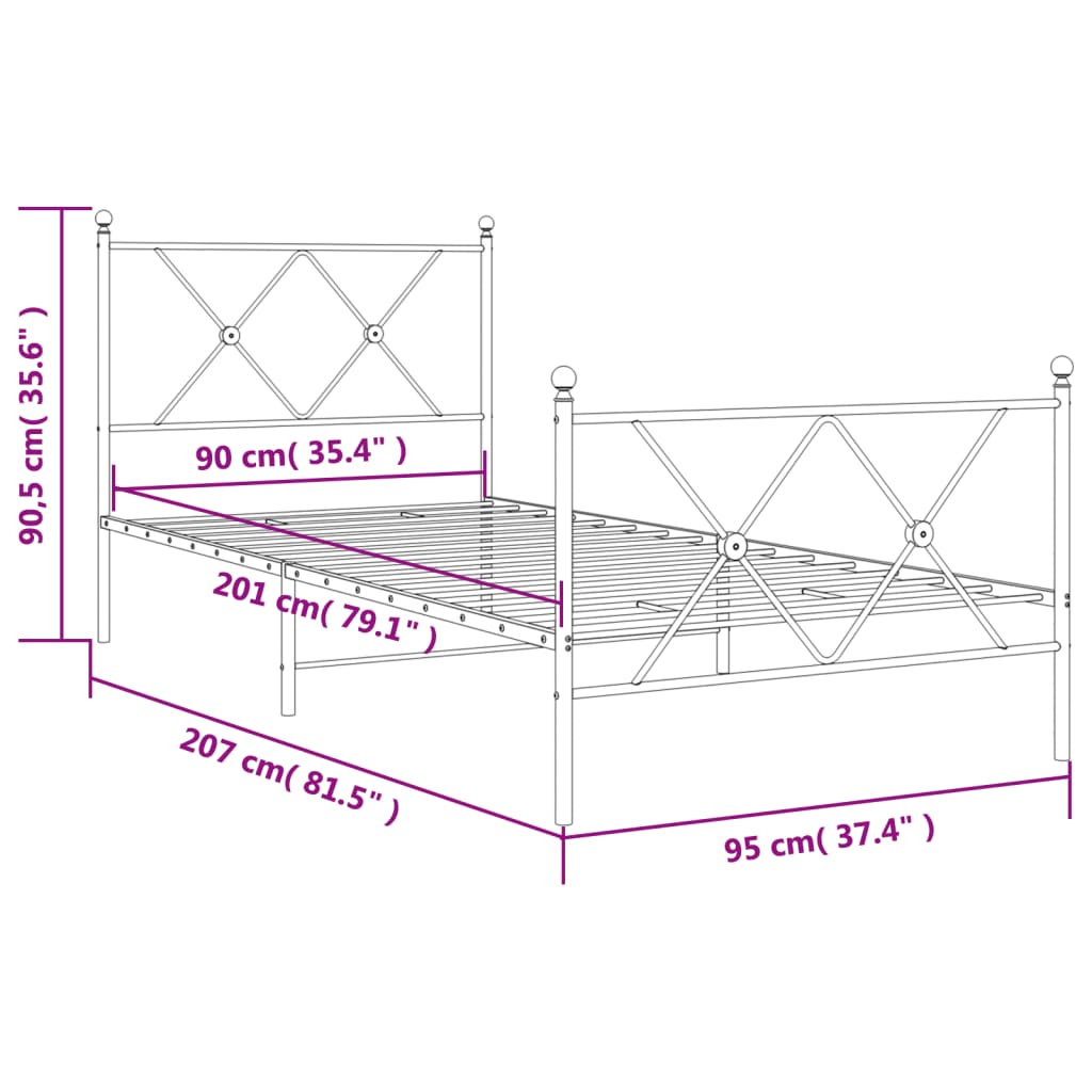 Cadre de lit métal sans matelas avec pied de lit noir 90x200 cm - XIOS