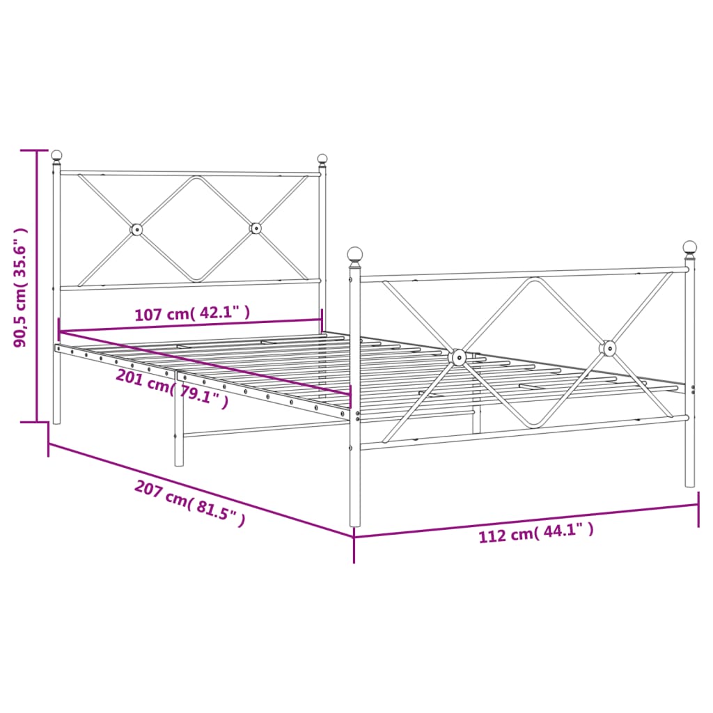 Cadre de lit métal sans matelas avec pied de lit noir 107x203cm - XIOS
