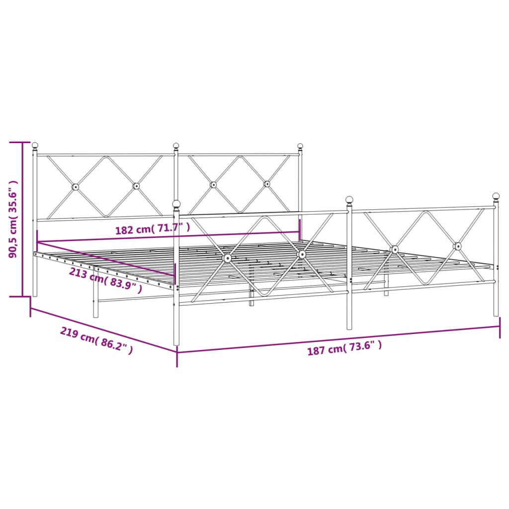 Cadre de lit métal sans matelas avec pied de lit noir 183x213cm - XIOS