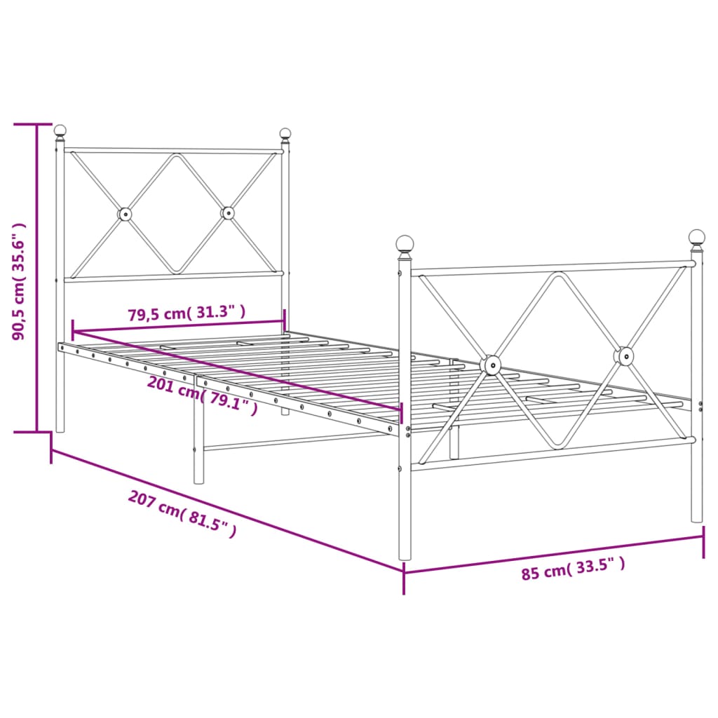Cadre de lit métal sans matelas avec pied de lit blanc 80x200cm - XIOS