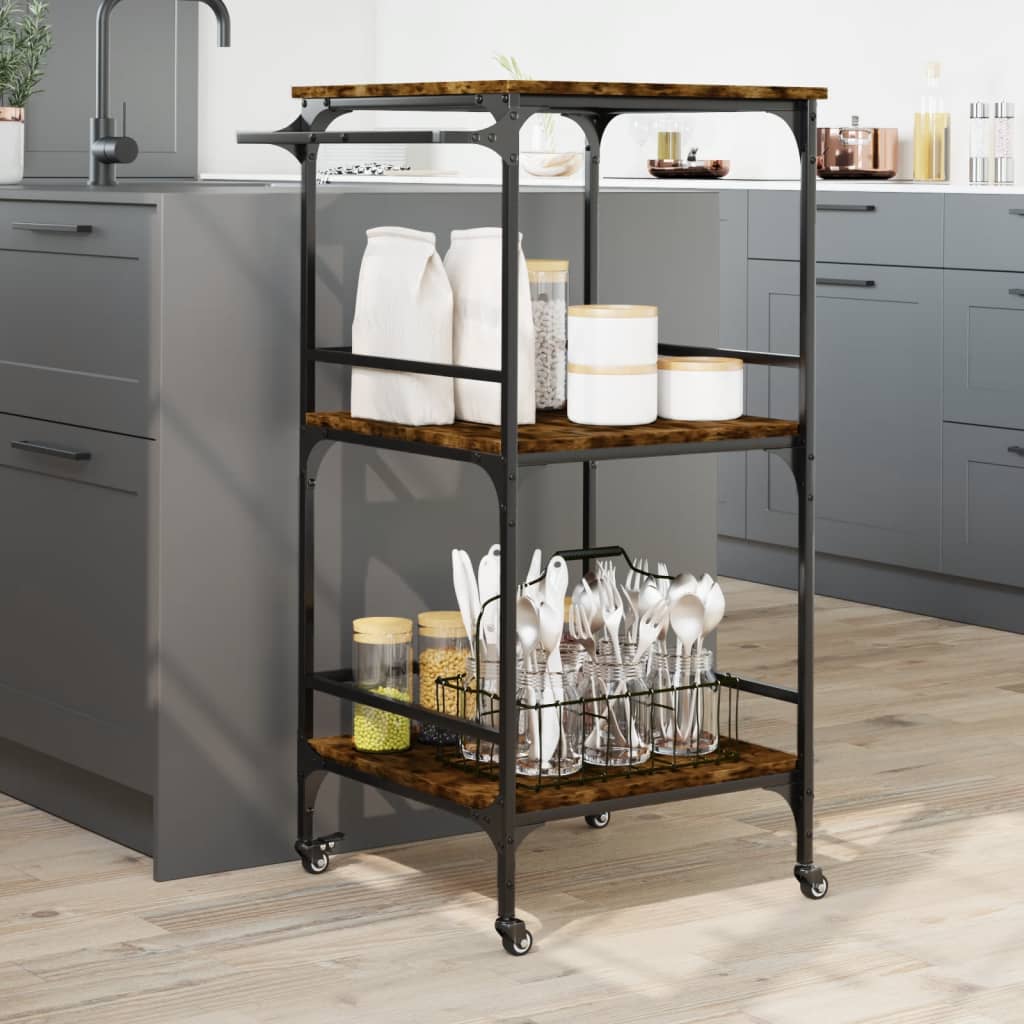 Chariot de cuisine chêne fumé 60,5x50x105 cm bois d'ingénierie - XIOS