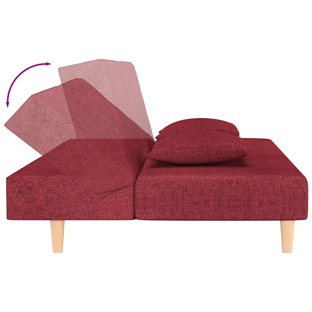 Canapé-lit à 2 places avec deux oreillers rouge bordeaux tissu