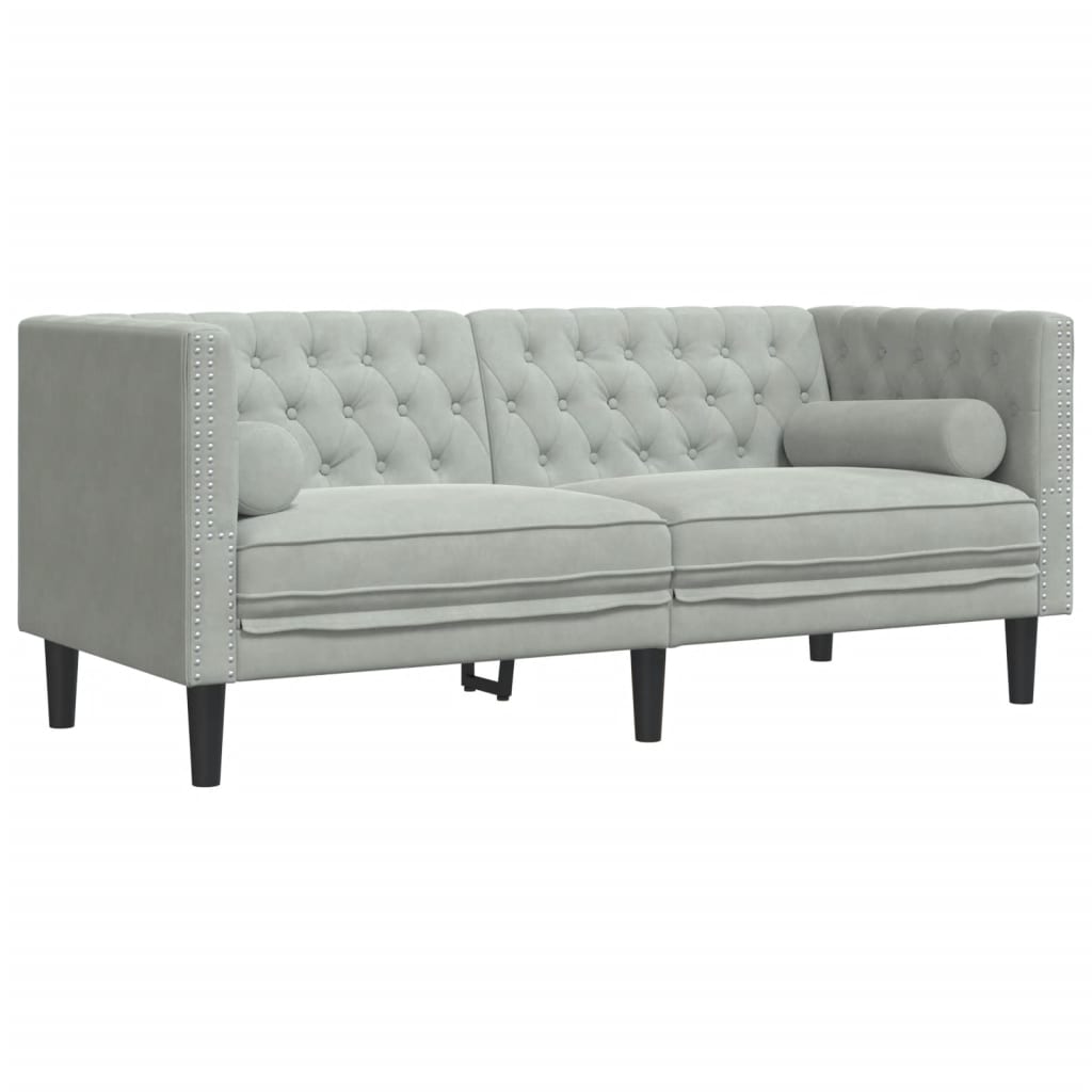 Canapé Chesterfield avec traversins 2 places gris clair velours - XIOS