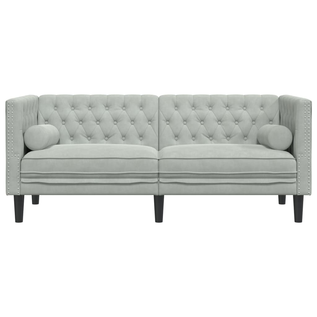 Canapé Chesterfield avec traversins 2 places gris clair velours - XIOS