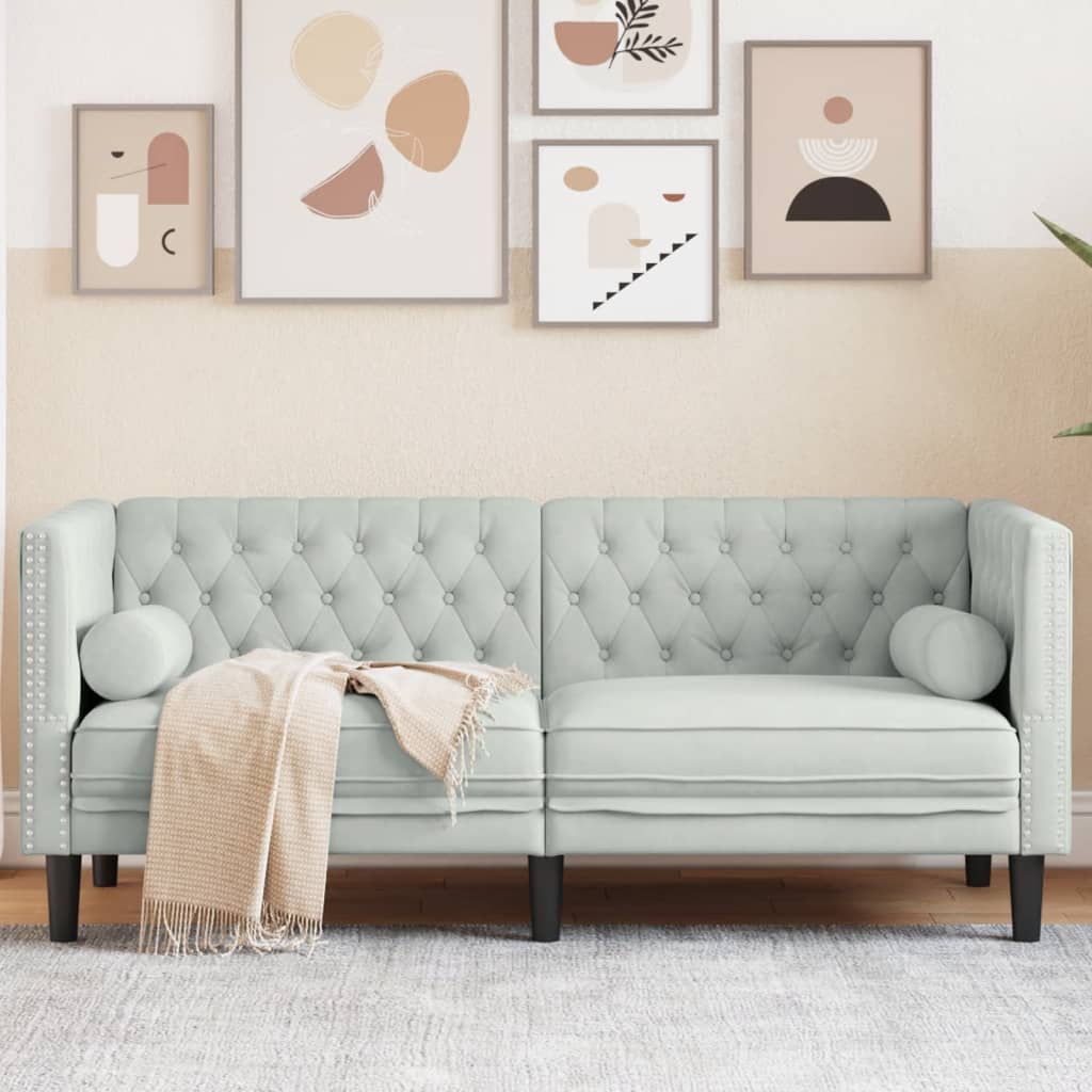 Canapé Chesterfield avec traversins 2 places gris clair velours - XIOS