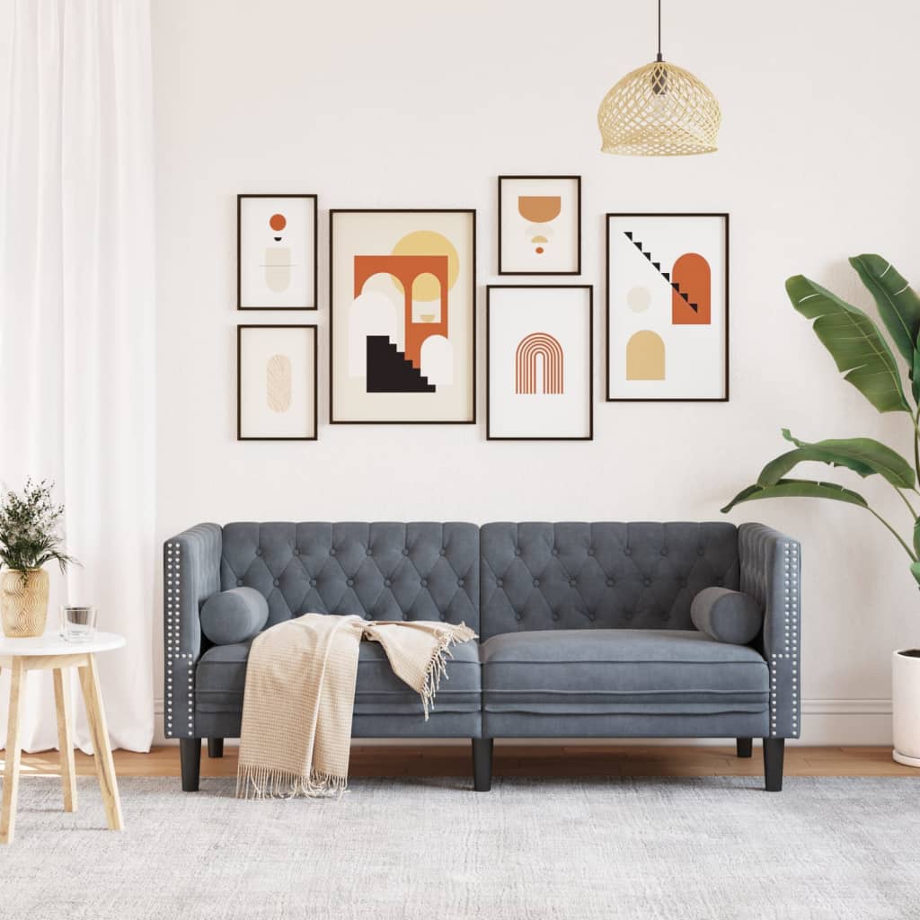 Canapé Chesterfield avec traversins 2 places gris foncé velours - XIOS