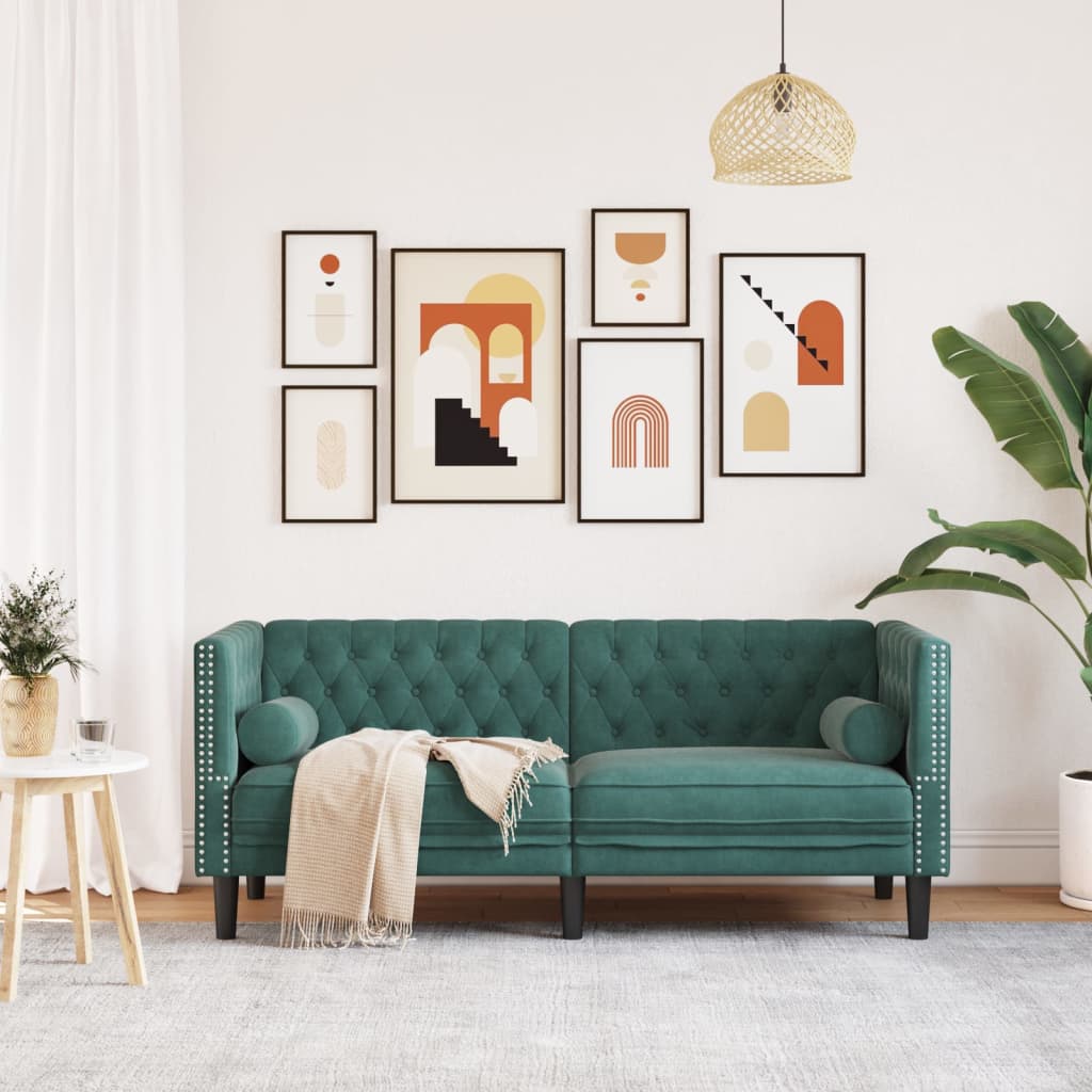 Canapé Chesterfield avec traversins 2 places vert foncé velours - XIOS