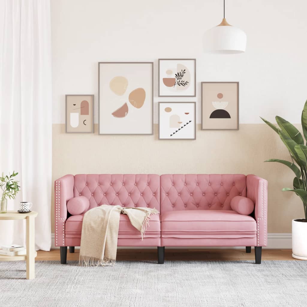 Canapé Chesterfield avec traversins 2 places rose velours